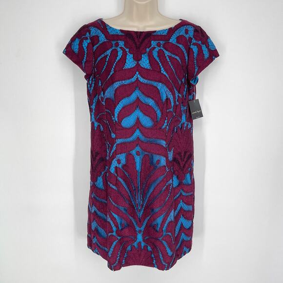 Nanette Lepore NEW Lucky Number REVOLVE Dress 12 Mulberry Lace Cyan Silk Lined - Picture 1 of 10